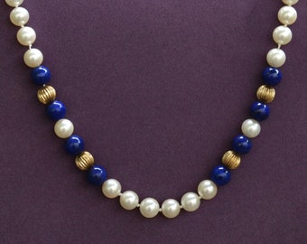 Vintage Chinese Export 1940's 7mm Pearls 8mm Lapis 14k Gold Beads Necklace Clasp 28" long