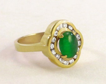 Chinese Imperial JADEITE Cabochon 16 DIAMONDS 14k Yellow Gold RING size 3 1/2
