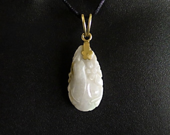 Grasa de CORDERO chino "Gourde & Flower" Colgante de JADEÍTA 14k Encanto de Oro #1588