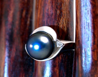 A + Calidad Color Natural TAHITIAN 11mm PEARL Plata Negro Pavo Real 14k Blanco Oro Anillo tamaño 7