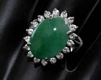 Estate JADEITE Cabochon 14k Oro Blanco DIAMANTE Cluster RING tamaño 6