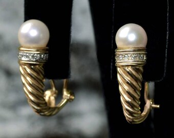 Estate 6.5mm Akoya PEARLS 18 Diamantes French Post Back CORNUCOPIA PENDIENTES 14k Amarillo Oro Novia