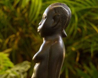 Collectible Vintage Ebony WOOD Kneeling Woman African Statue 9" X 3"