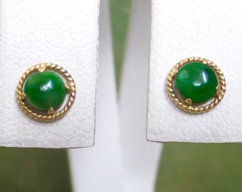 CHINO Cabochon JADEITE 14k Gold Braid Frame Stud Post Pierced EARRINGS #2110