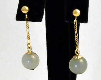 Estate 9mm Celadon JADEITE Ball Bead 1 1/4" Long Dangle 14k 585 Post EARRINGS