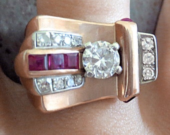 Antique Art Deco Treasure 14k Rose Gold DIAMOND & RUBY RING size 7.5