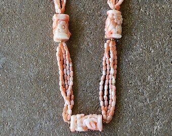 Natural CORAL Angel/Salmon Skin Multi Strand 3 Carved Beads 14k NECKLACE 25"