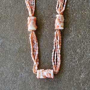 Natural CORAL Angel/Salmon Skin Multi Strand  3 Carved Beads 14k NECKLACE 25&quot;
