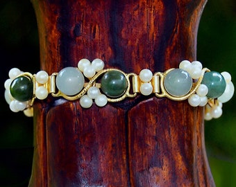 MING'S Honolulu JADEITE (10) 8mm Balls & (44) 4mm AKOYA Pearls 14k Bracelet 7"