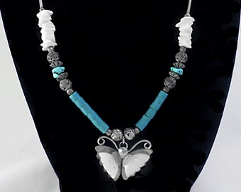 Vintage ZUNI "BUTTERFLY" Liquid Silver, Turquoise, Shell, Necklace Pendant 19.5"