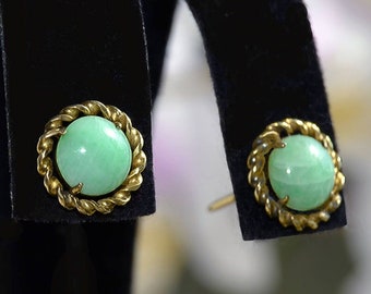 Antique CHINESE JADEITE Button 14k Gold Stud Pierced EARRINGS