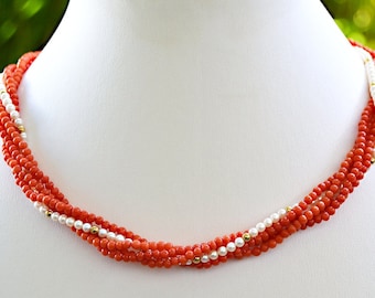 1960 New Hawaii Deep Sea CORAL & Akoya PEARL Gold Beads 14k Twisted Choker 17"
