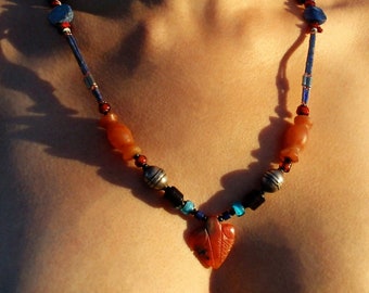 Rare Antique TRIBAL Carnelian Lapis Turquoise NECKLACE Morocco 30"