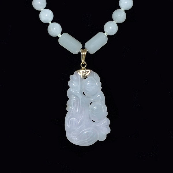 Estate Chinese JADEITE and Nephrite Celadon and Lavender Pendant NECKLACE 25.4" 14K