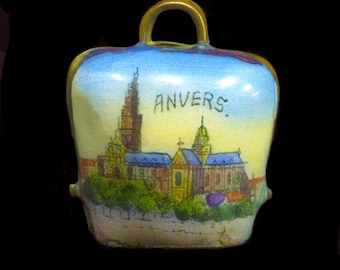 Rare Antique 1920's PUFFY COW BELL Enamel Scenic Anvers Belgium Charm European