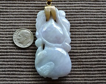 Antique Bats on Fruit Chinese Carved White JADE PENDANT Plaque Amulet 14k