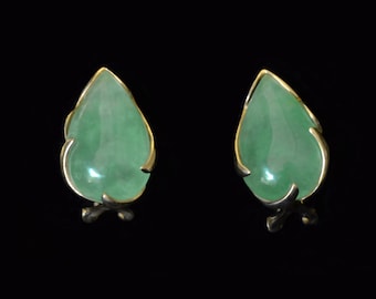 Estate Translúcido JADEITE TEARDROP Hugie 14k Oro EARRINGs Palanca Brack