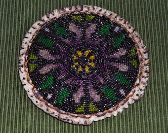 Large Hand Beaded PASSION FLOWER on Leather Medallion Applique