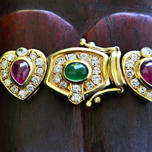 THE ORIGINAL Estate Diamond Ruby Emerald 750 18k Flexible Link Bracelet 6.58&quot; Italy