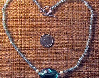 Magnificent aqua-blue FLUORITE framed by 2 Pearls & Aquamarines NECKLACE CHOKER
