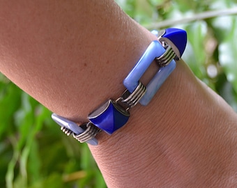 Estate Art Deco Cobalt Blue and Shimmering Blue BAKELITE Sterling 8" BRACELET