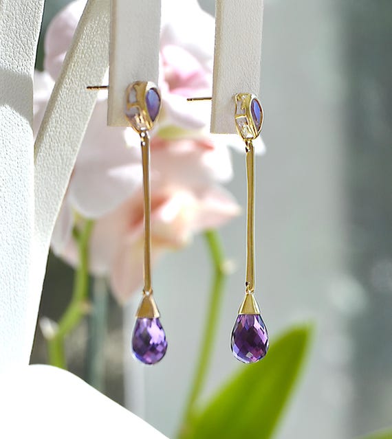 Faceted AMETHYST 10k Gold Chandelier EARRINGS 1 1… - image 1