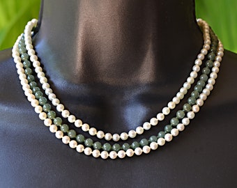 MING'S Honolulu 3 Strands 4.5mm AKOYA Perlas 5mm JADE Collar 14k Fortune Fu Clasp 15 1/4"