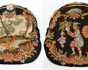 Antique Petit Point PURSE Scenic & Chinese Theme TAPESTRY 2 Scenes Fancy FRAME