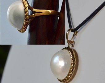 Rare 12mm MABE PEARL SET Ring and Pendant 14k Gold Size 7.5