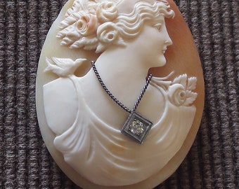 Antique HABILLE CAMEO Shell Diamond unset High Relief Hand Carved Silver