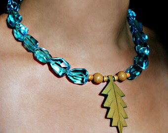 Designer sample Czech CRYSTAL & Vintage carved Hawaiian wood Choker Necklace 18"