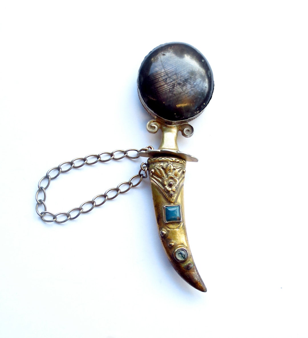 Antique Large CORUNDUM (ruby/sapphire) Silver Vermeil DAGGER BROOCH Pin ...