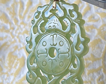 Antique Celadon Chinese Carved JADEITE PENDANT Plaque Amulet