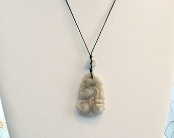 Mythical Semi Translucent Carved Jadeite Amulet Moss White JADE PENDANT 27" NECKLACE