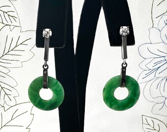 PENDIENTES colgantes vintage de oro blanco de 14 quilates con disco Pi de JADE y diamantes