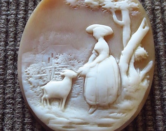 Antique FRENCH PASTORAL CAMEO  Shell  unset High Relief Hand Carved