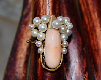 Elegant Oval ANGEL Pink CORAL Cabochon 17 Akoya Pearls 14k Gold RING size 7