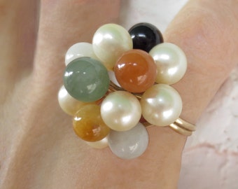 Ming's Honolulu 7 Pearls 7 JADE black Coral 14k Gold RING size 5
