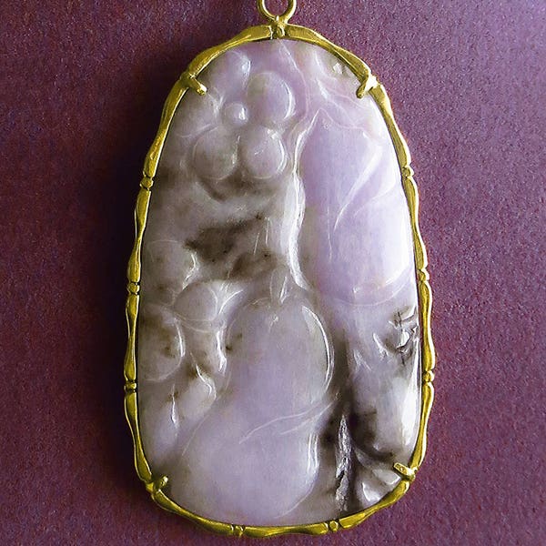 Vintage Rare Large Chinese Export Carved Lavender JADEITE PENDANT 14k Bamboo Frame