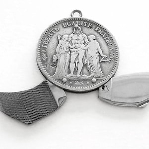 Antique RaRE French 5 Franc COIN 2 KNIVES Pendant 800 Silver Hand Made Charm