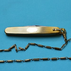 New Gold POCKET KNIFE Stainless Steel Blades and Antique Chatelaine Chain