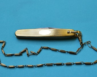 New Gold POCKET KNIFE Stainless Steel Blades and Antique Chatelaine Chain