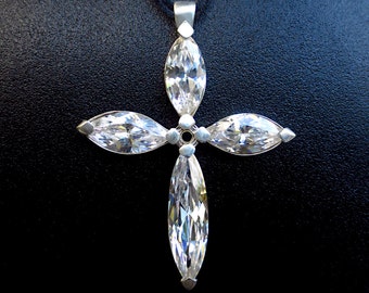 Italian CZ Czech CRYSTAL Sterling Silver 925 Large CROSS Pendant Swarovski