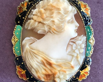 Antique Shell CAMEO 14k Enamel Frame BROOCH High Relief Hand Carved