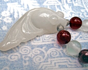 RARE CHINESE Piece -Antique Celadon Jade Koi and Red Jasper Necklace Choker