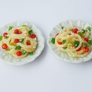 Set of 2 Dollhouse Miniature Spaghetti: Handmade Clay Food on Ceramic Plates 1-inch Scale)