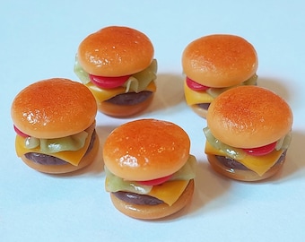 10 Dollhouse Miniature Cheeseburgers * Doll Mini Food Burger Hamburger Set Handmade Clay