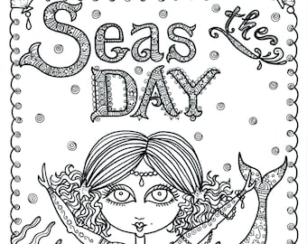 Seas the day Instant Download Coloring page book Art Adult coloring Digi stamp mermaid