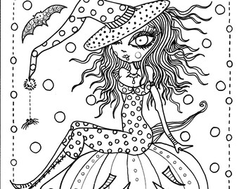 5 pages Instant Download Halloween Coloring pages Art to Color/digital/digi stamp/witch/cat/moon/fall