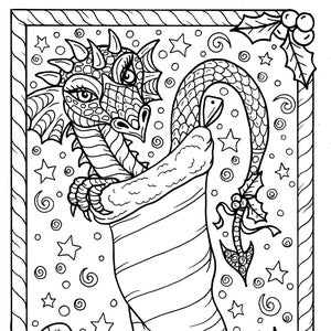 Dragon Christmas Coloring page Digital JPG file Adult color fantasy